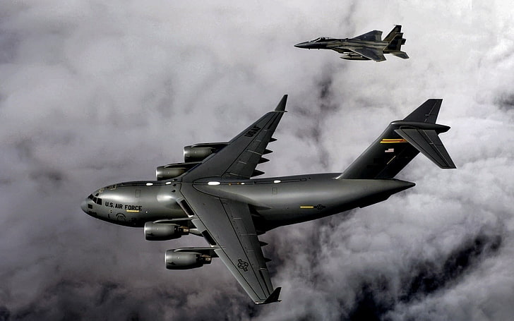 two gray aircraft, aircraft, US Air Force, C-17 Globmaster, airplane, F15 Eagle, Boeing C-17 Globemaster III, military aircraft, HD wallpaper