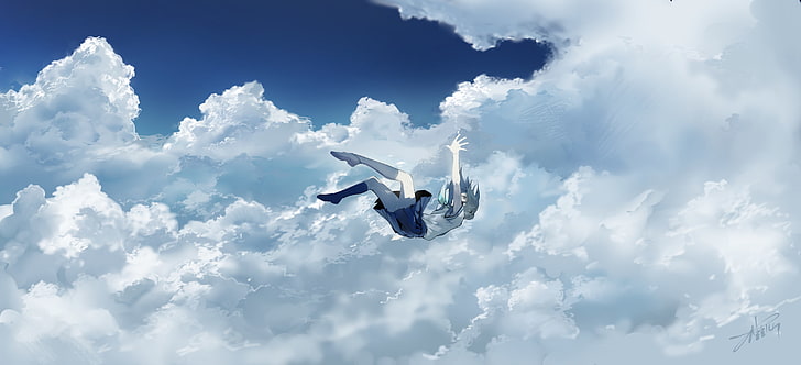 สาวการ์ตูน, ล้มลง, เมฆ, ท้องฟ้า, ชุดนักเรียน, Anime, วอลล์เปเปอร์ HD