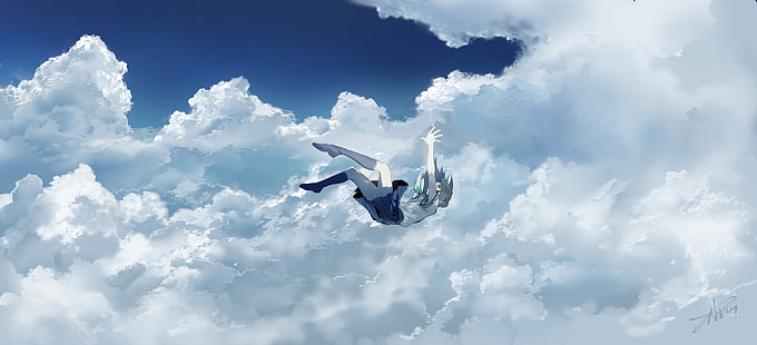 anime menina, caindo, nuvens, céu, uniforme escolar, anime, HD papel de parede HD wallpaper