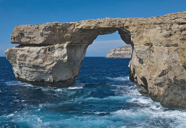 lanscape photography of arch formed gray rock over body of water, malta, gozo, malta, gozo, Malta, Gozo, Azure Window, photography, arch, gray rock, body of water, beautiful, Amazing, sea, cliff, nature, coastline, rock - Object, blue, scenics, HD wallpaper