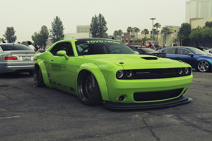 zielony Dodge Challenger coupe, Liberty Walk, LB Works, Dodge Challenger R / T, widebody, zielone samochody, Tapety HD