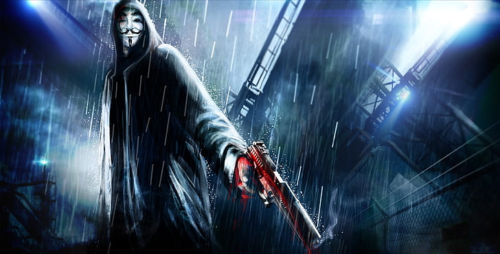 Guy Fawkes Mask digital art, night, the city, gun, weapons, rain, art, hood, v for vendetta, Anonymous, HD wallpaper