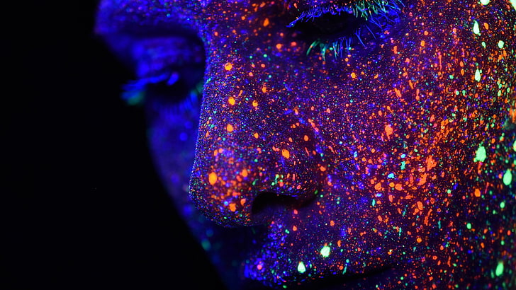 neon, glowing, body paint, paint splatter, splatter, face, photography, nose, eyes, eyelashes, HD wallpaper