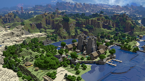 ต้นไม้สีเขียว, ภาพถ่ายทางอากาศของหน้าผาข้างแหล่งน้ำในตอนกลางวัน, Minecraft, วิดีโอเกม, วอลล์เปเปอร์ HD HD wallpaper