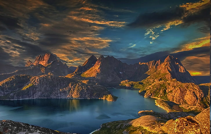 залез планински залив остров Лофотен Норвегия облаци морска вода природа пейзаж, HD тапет