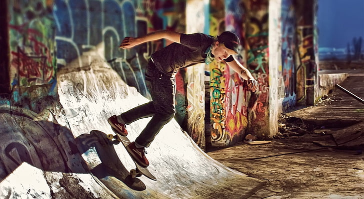 hombre haciendo skateboard, skateboard, graffiti, Fondo de pantalla HD