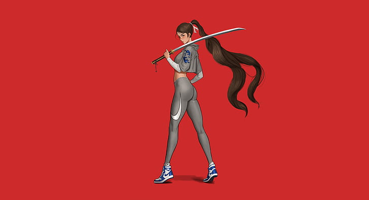 赤い背景、シンプルな背景、剣、女性、刀、戦士、長い髪、アートワーク、ナイキ、剣を持つ少女、スポーツウェア、 HDデスクトップの壁紙
