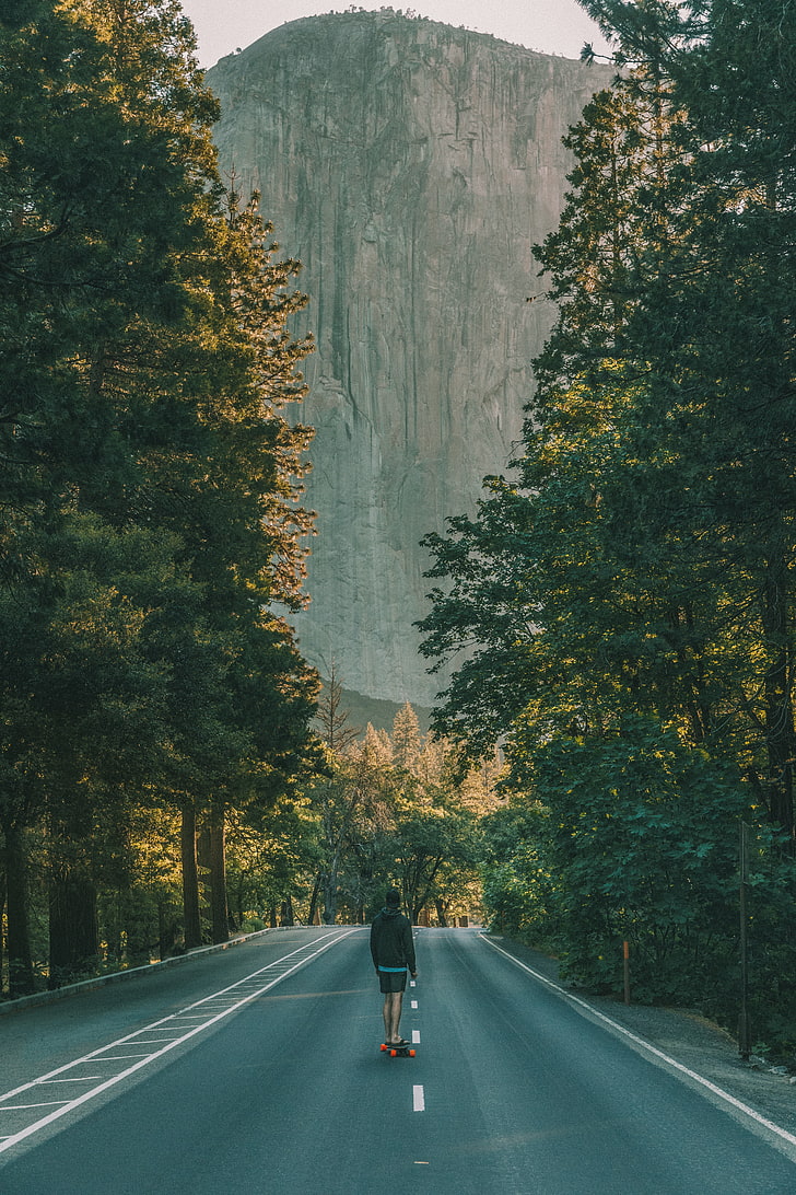 men's black jacket, skateboard, road, man, trees, skating, HD wallpaper