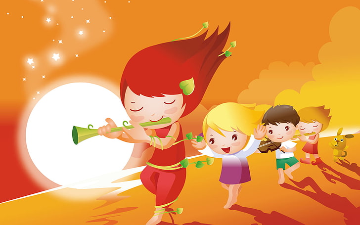 Cartoon Kids Music, ilustrasi empat anak bermain instrumen sambil berjalan di atas pasir, Kartun,, kartun, musik, anak-anak, Wallpaper HD