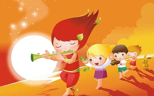Мультфильм дети музыка, иллюстрация четырех детей, играющих на инструментах во время прогулки по песку, мультфильмы, мультфильм, музыка, дети, HD обои HD wallpaper