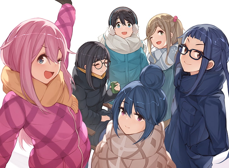 Yuru Camp, meninas do anime, Nadeshiko Kagamihara, Chiaki Oogaki, Rin Shima, Ena Saitou, Aoi Inuyama, HD papel de parede