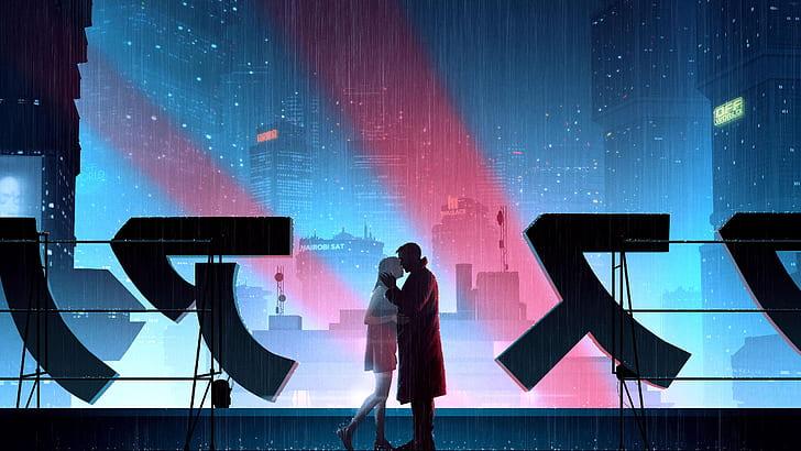 Blade Runner, Blade Runner 2049, Joi, Officer K, киберпънк, син, японски, град, дъжд, целуване, HD тапет