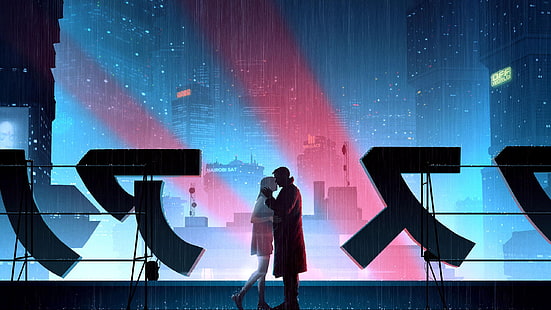 Blade Runner, Blade Runner 2049, Joi, oficial K, cyberpunk, azul, japonês, cidade, chuva, beijos, HD papel de parede HD wallpaper