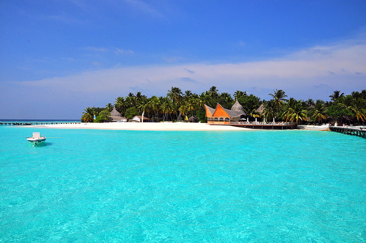 orilla del mar y canoas, maldivas, tropical, playa, isla, Fondo de pantalla HD