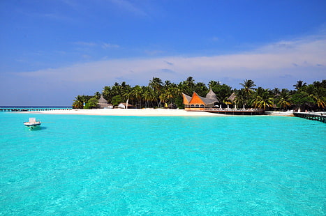 seashore and canoe boats, maldives, tropical, beach, island, HD wallpaper HD wallpaper