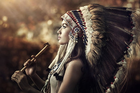 коричневая флейта, девушка, перья, лицо, индеец, дудка, головной убор, HD обои HD wallpaper