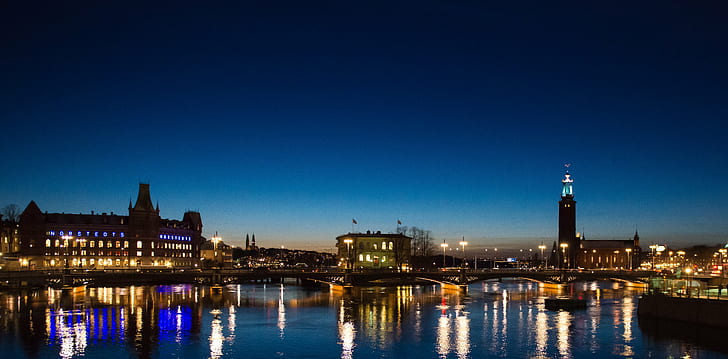 high-rise buildings near body of water during nighttime, stockholm, stockholm, Stockholm, high-rise buildings, body of water, nighttime, cityscape, nobel, nightscape, reflections, cityhall, night, river, architecture, famous Place, illuminated, dusk, bridge - Man Made Structure, urban Scene, reflection, europe, twilight, water, england, HD wallpaper