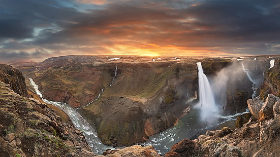 naturaleza, paisaje, cascada, larga exposición, Islandia, montañas, río, roca, nubes, puesta de sol, arroyo, piedras, valle, Fondo de pantalla HD HD wallpaper