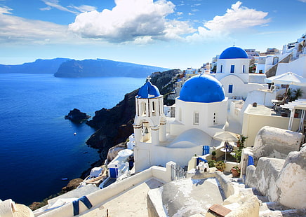 Santorini, Grecja, morze, krajobraz, natura, dom, Santorini, Grecja, Tapety HD HD wallpaper