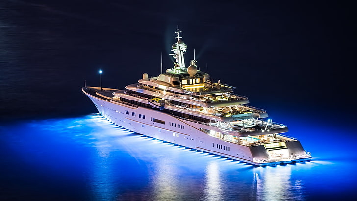 Lights, luxury, night, reflection, sea, ship, water, Yachts, HD wallpaper