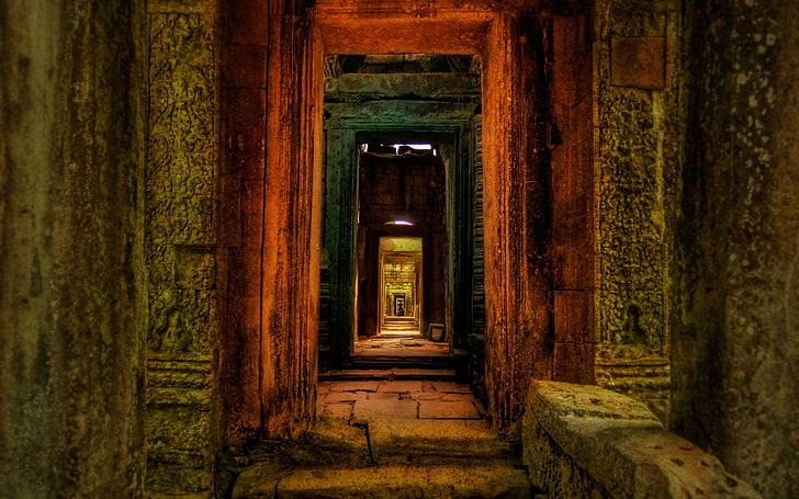 photo couloir en béton, architecture, intérieur, abandonné, mur, pierres, couloir, antique, lumière du soleil, Fond d'écran HD