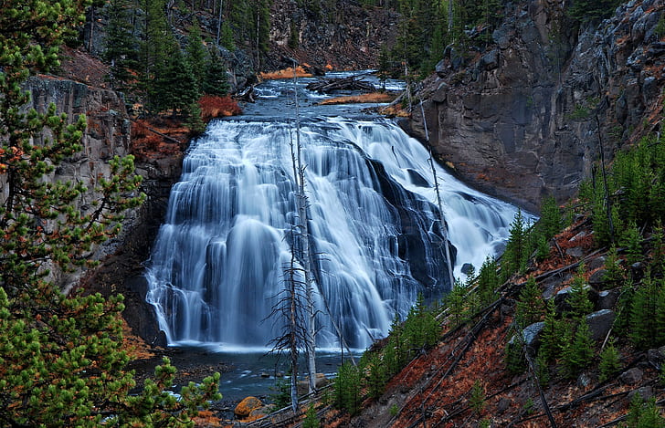 Yellowstone, EUA, fotografia de cachoeira na floresta, EUA, rochas, rio, árvores, Wyoming, cachoeiras, Yellowstone, um córrego, HD papel de parede