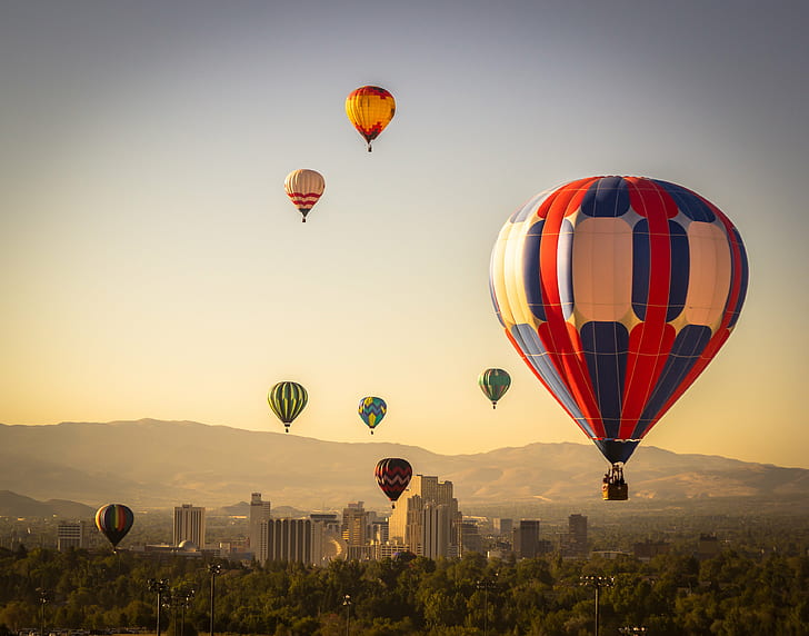 Heißluftballons, Reno, Reno, Great Reno Balloon Race, Heißluftballons, Skyline, Heißluftballon, Fliegen, Abenteuer, Luftfahrzeug, Luft, Himmel, Hitze - Temperatur, Reise, Korb, bunt, Kappadokien, Transport, draußen, HD-Hintergrundbild
