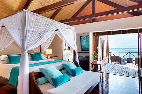 Maldive Water Villa, viaggio, letto, i migliori hotel del 2015, resort, Lux, turismo, vacanze, blu, Sfondo HD HD wallpaper