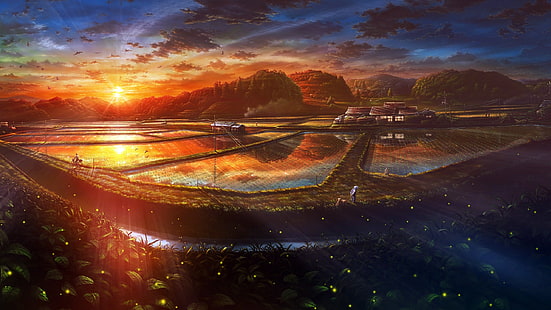 zachody słońca krajobrazy kolorowe ptaki psy pola anime drawn farm 2560x1440 Animals Dogs Sztuka, zachody słońca, Krajobrazy, Tapety HD HD wallpaper