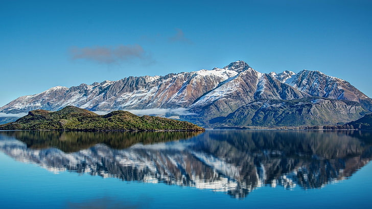 Новая Зеландия, побережье, гора, небо, отражение, голубое небо, отражение, aotearoa, Куинстаун, океан, вода, пустыня, горный хребет, гора пейзаж, озеро Вакатипу, HD обои