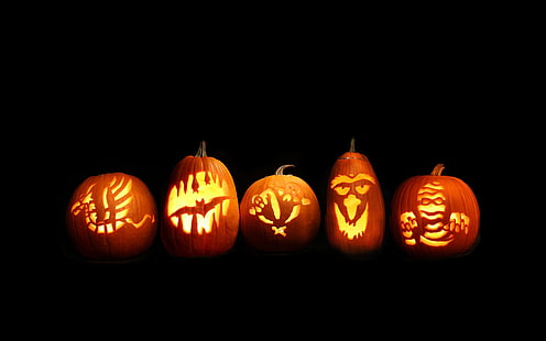 Abóboras de Halloween, 5 jack o lantern decorações de abóbora, halloween, abóboras, feriados, HD papel de parede HD wallpaper