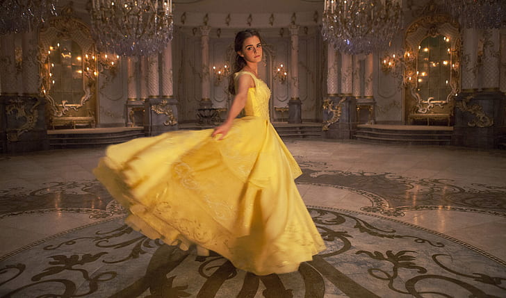 ภาพยนตร์เรื่อง Beauty And The Beast (2017), Ballroom, Belle (Beauty and the Beast), Emma Watson, Yellow Dress, วอลล์เปเปอร์ HD