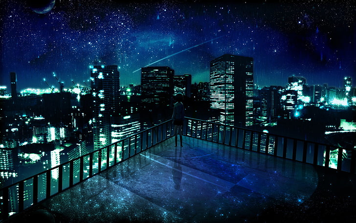 ilustrasi bangunan kota, gadis-gadis anime, biru, anime, malam, pemandangan kota, kaki langit, langit, bintang-bintang, Wallpaper HD