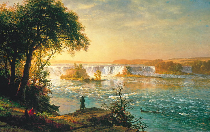 człowiek stojący na klifie zwrócona w stronę wody malowanie, niebo, chmury, drzewa, krajobraz, rzeka, ludzie, łódka, wodospad, obraz, progi, Albert Bierstadt, Tapety HD