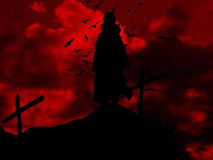Uchiha Itachi, Naruto Shippuuden, silhouette, Uchiha Itachi, red, raven, cross, anime, HD wallpaper