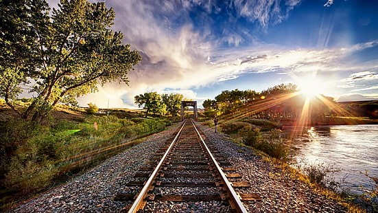 track, sky, nature, railway, cloud, horizon, tree, morning, rail track, sunlight, road, rays, sunray, landscape, railway line, HD wallpaper HD wallpaper