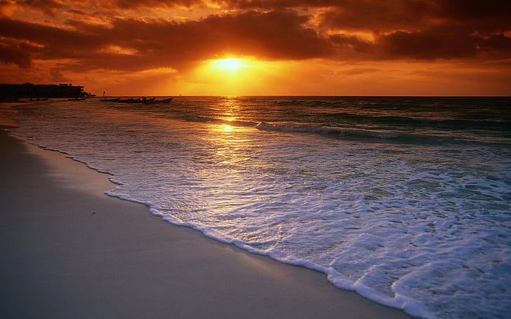 playa, mar, espuma de mar, olas, puesta de sol, barco, Fondo de pantalla HD