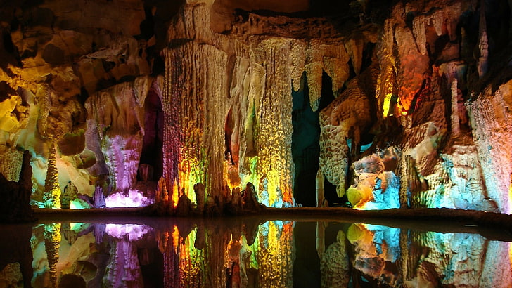 cave, stalactite, formation, tourist attraction, stalagmite, speleothem, multicolor, light, assembling dragon cave,, yangshuo, dragon cave, assembled dragon cave,, china, asia, HD wallpaper
