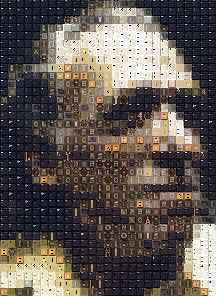alfombra azul, blanca y marrón, hombres, cara, retrato, mosaico, Charles Bukowski, escritores, personas mayores, teclados, texto, números, pantalla de retrato, obras de arte, creatividad, Fondo de pantalla HD, fondo de pantalla de teléfono