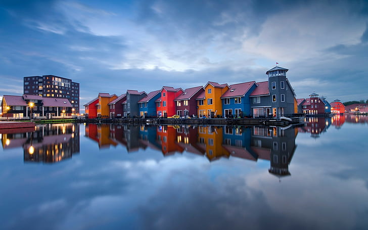 stadsbild, färgrik, Nederländerna, hus, reflektion, HD tapet