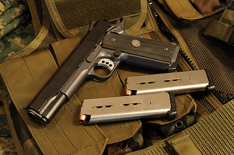 pistola semiautomatica grigia e nera con due caricatori grigi, pistola, armi, 1911a1, Wilson Combat, Sfondo HD HD wallpaper