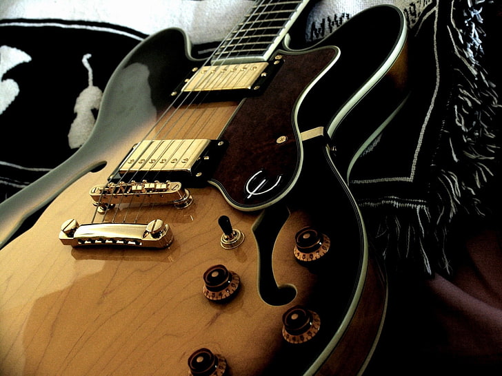 brown and black Epiphone guitar, epiphone, musical instrument, guitar, black, HD wallpaper