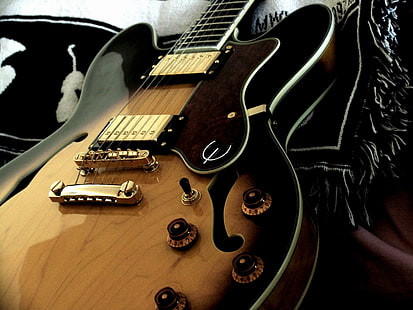 guitarra Epiphone marrón y negra, epiphone, instrumento musical, guitarra, negro, Fondo de pantalla HD HD wallpaper