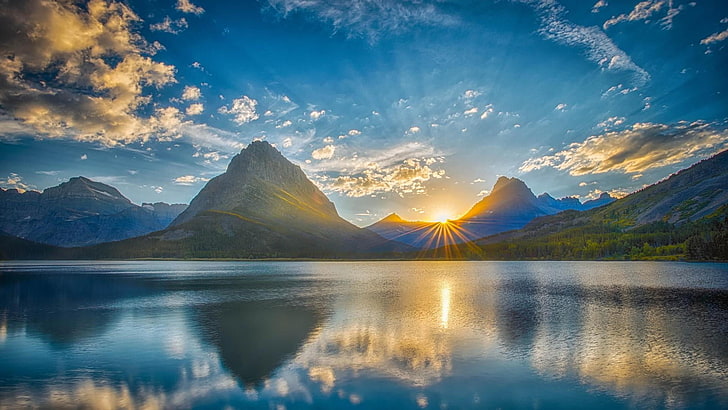 water, swiftcurrent lake, united states, national park, montana, horizon, loch, glacier national park, mount grinnell, reflection, wilderness, mountain, sunset, lake, mount scenery, sky, nature, HD wallpaper