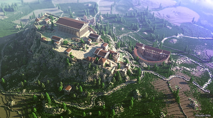 Luftbild des Dorfes, Minecraft, Render, Screenshot, Athen, Akropolis, Griechenland, HD-Hintergrundbild