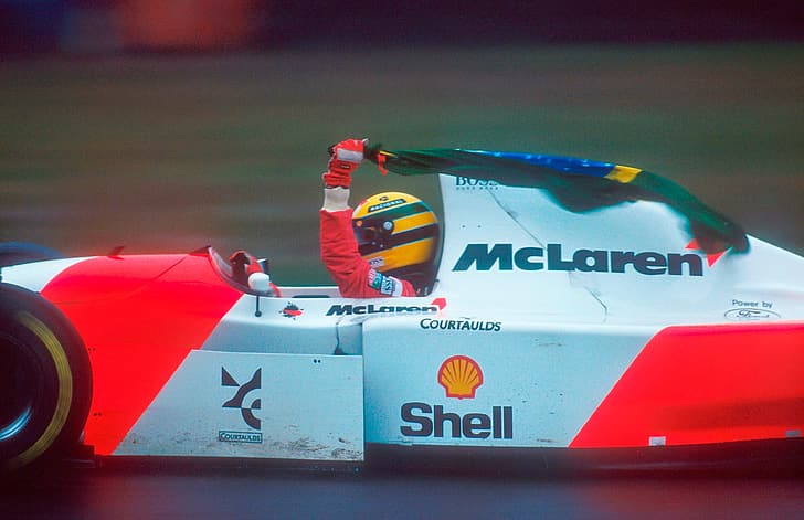 Ayrton Senna, Mclaren Mp4, Brazil, flag, Formula 1, racing, helmet, HD wallpaper