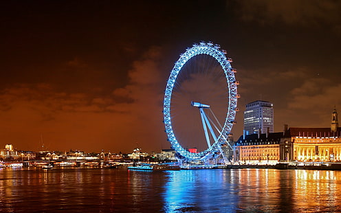 London Eye, Londres, noche, edificio, río, noria, Fondo de pantalla HD HD wallpaper
