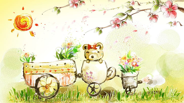 Summers Bear, firefox persona, sunshine, cherry tree, grass, flowers, blossoms, spring, field, painted, sakura, HD wallpaper