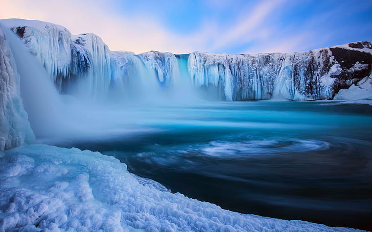 Islândia, Godafoss, linda cachoeira, gelo, neve, inverno, azul, Islândia, Godafoss, linda, cachoeira, gelo, neve, inverno, azul, HD papel de parede
