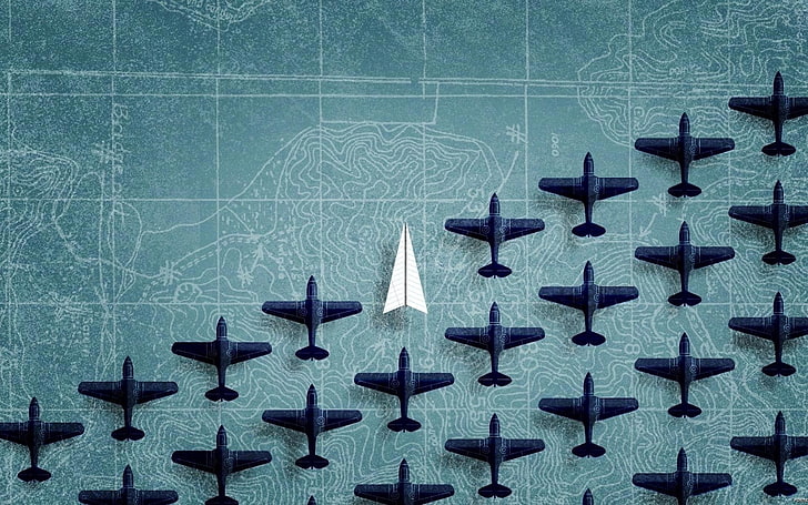 schwarzes Plastikflugzeugspielzeuglos, digitale Kunst, Minimalismus, Flugzeuge, Papierflugzeuge, Karte, Flugzeug, blauer Hintergrund, HD-Hintergrundbild